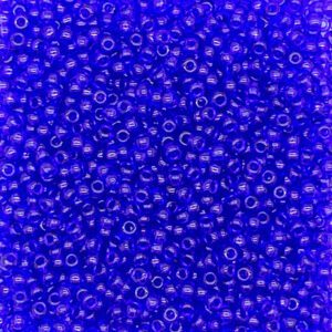 A close-up of numerous small blue glass beads.