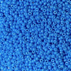 A close-up of numerous small blue beads.