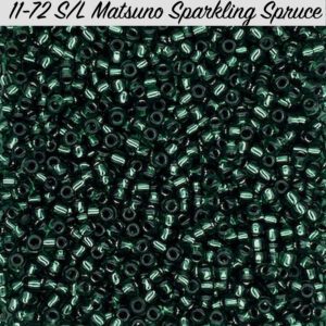 Close-up of shiny Matsuno Sparkling Spruce beads in green.