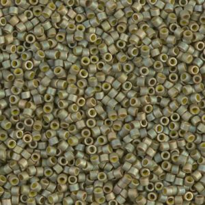 Close-up of small cylindrical beads in muted green shades.
