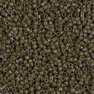 A dense collection of small, olive green cylindrical beads with holes.