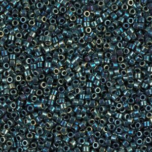 Close-up of small, shiny, cylindrical beads in dark blue and metallic hues.