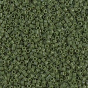 Close-up of small, olive green cylindrical beads.