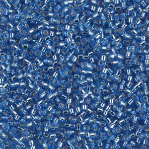 A close-up of numerous small blue glass beads with a shiny finish.