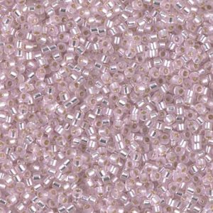 Close-up of tiny, translucent pink beads with a shiny finish.