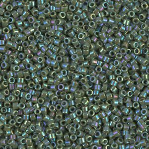 Close-up of small, iridescent green beads with a metallic sheen.