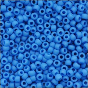 Close-up of numerous small blue beads with holes in the center.