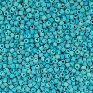 Close-up of many small turquoise beads with holes.