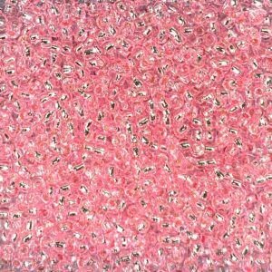 Pink and silver beads scattered closely together.