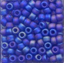 Blue and purple seed beads, close-up view.